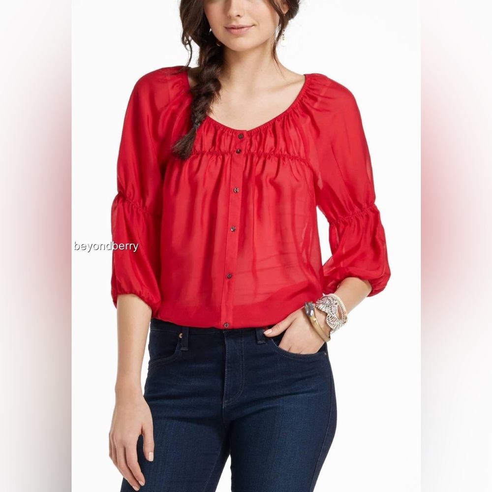 Vanessa Virginia by Anthropologie Red Silk Gauzy Flowy Peasant Blouse